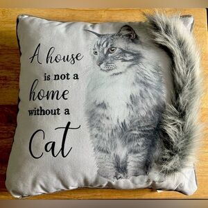 Decorative Cat Throw Pillow w Faux Fur Tail 16x16 Quote Cushion Cat Lover